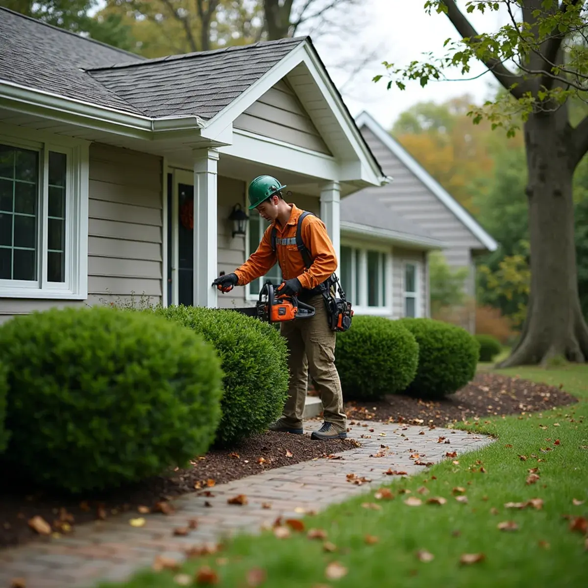 Foundation shrubs neatly shaped and beds cleaned at a Michigan house