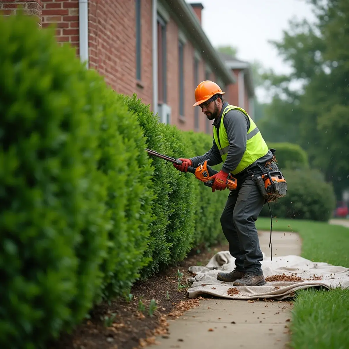 Landscaper shaping overgrown foundation shrubs in front of a Michigan brick home