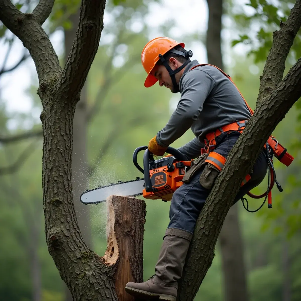Arborist cutting storm-loaded wood under tension on a Michigan property