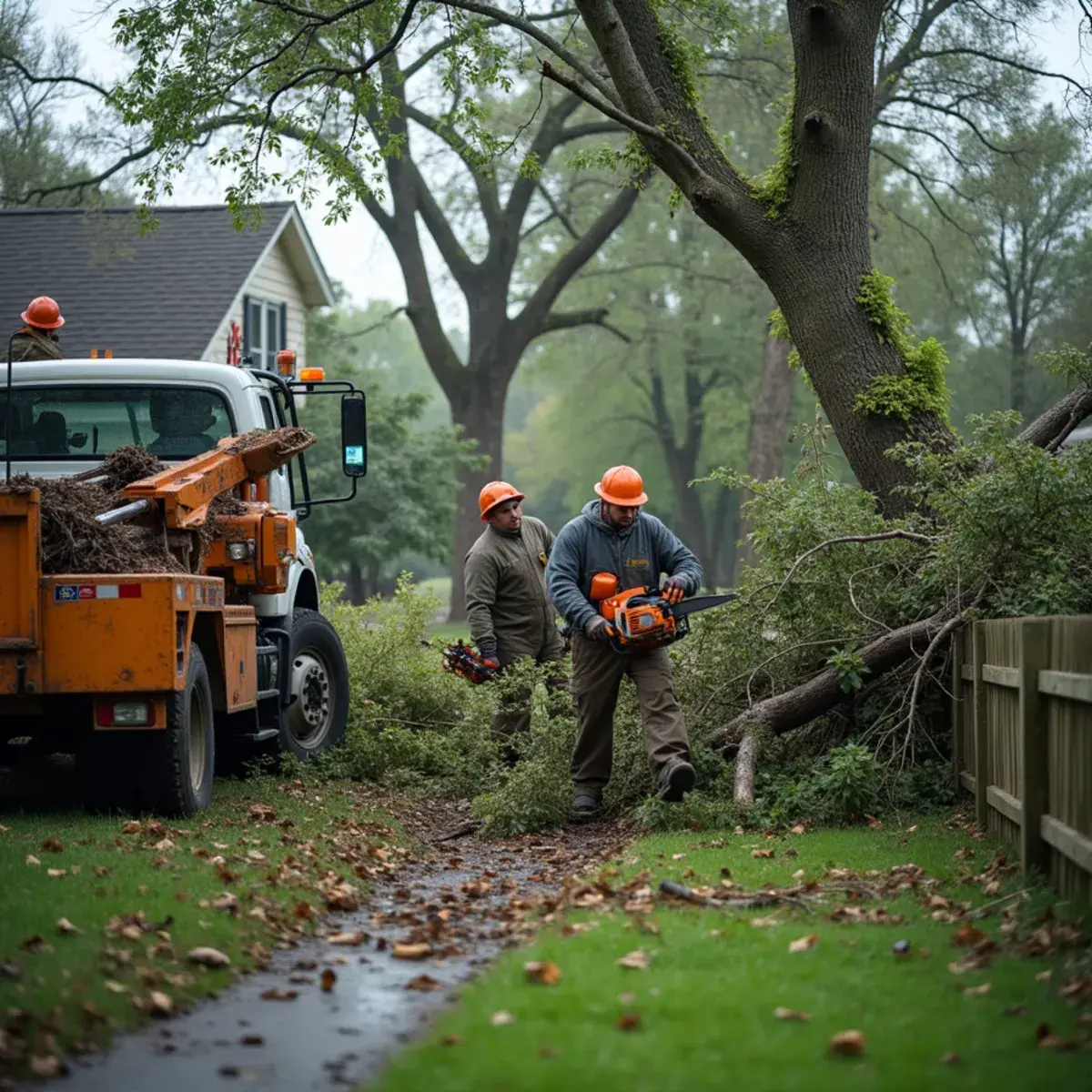 Crew clearing storm-downed tree limbs from a Michigan front yard after high winds