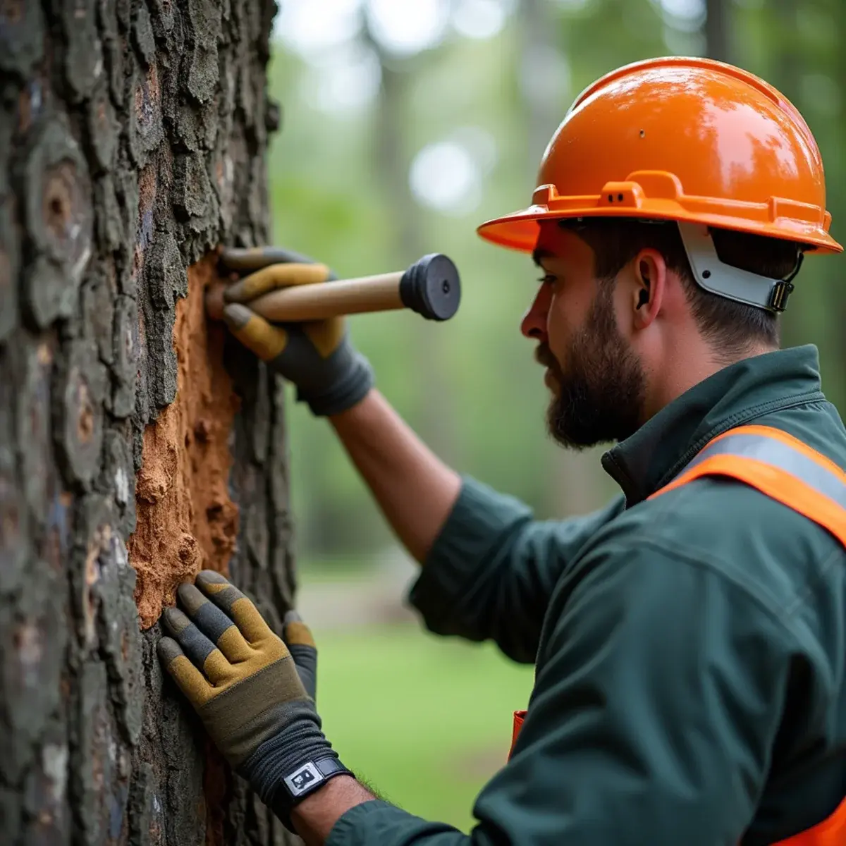Arborist sounding a Michigan tree trunk with a mallet to check for internal decay