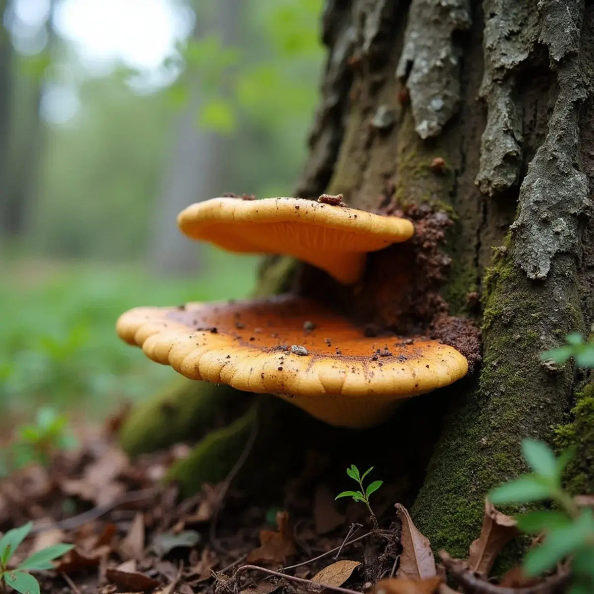 Shelf fungus growing at the base of a declining Michigan hardwood