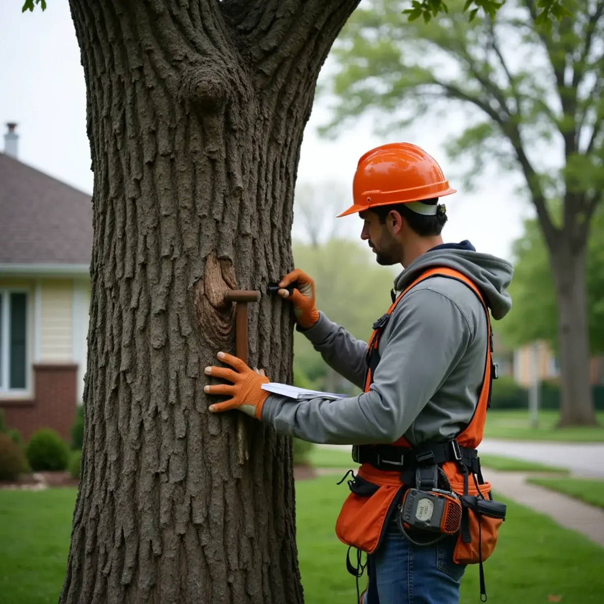 Tree professional inspecting the root flare of a mature oak at a Michigan property