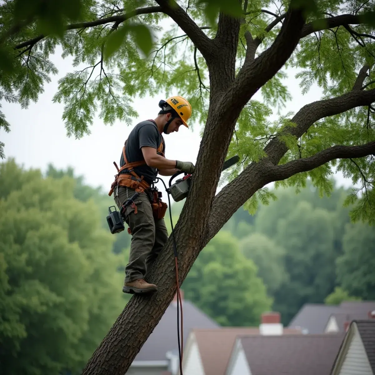 Arborist making a reduction cut in an oak canopy above a Michigan home