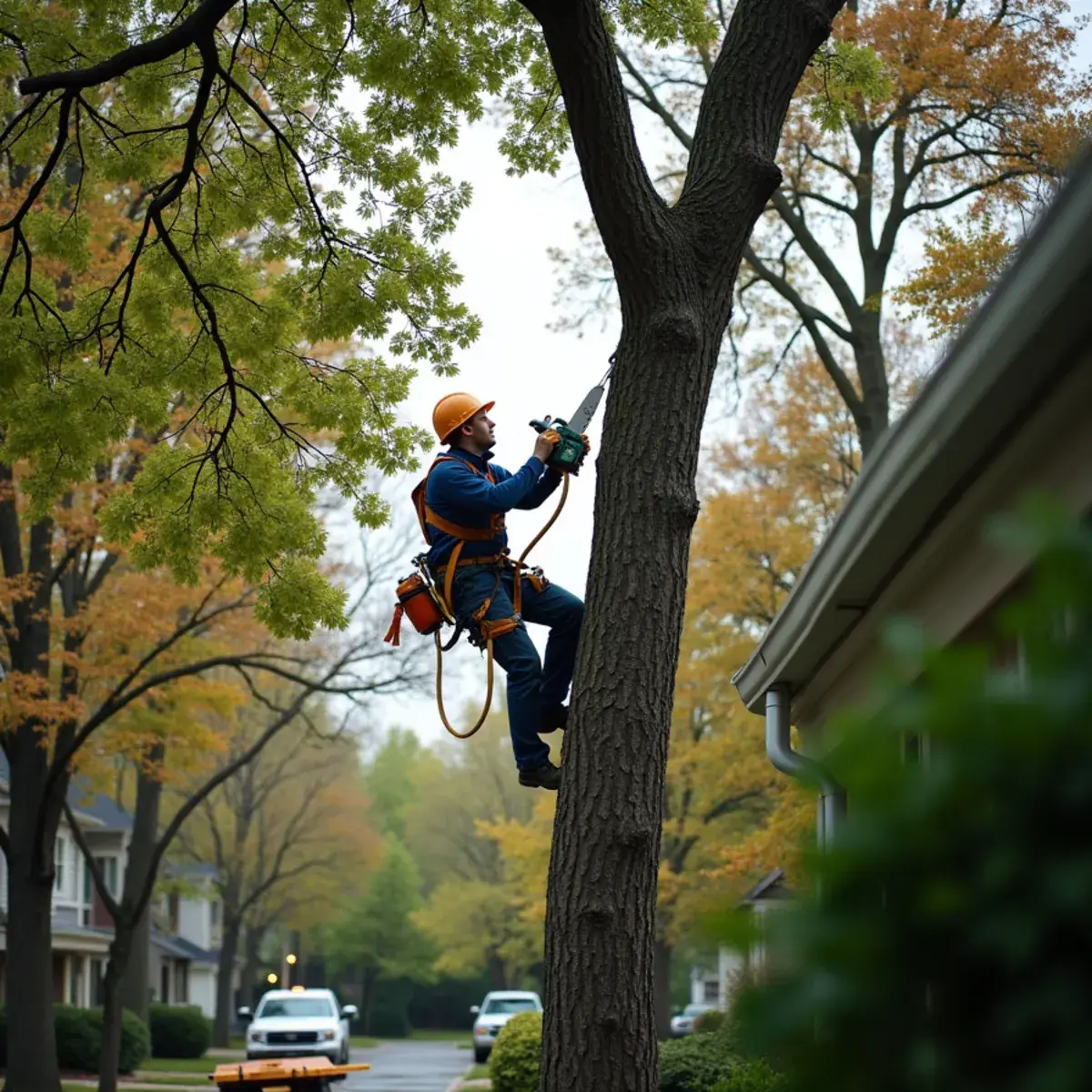 Michigan hardwood canopy in autumn above a residential neighborhood