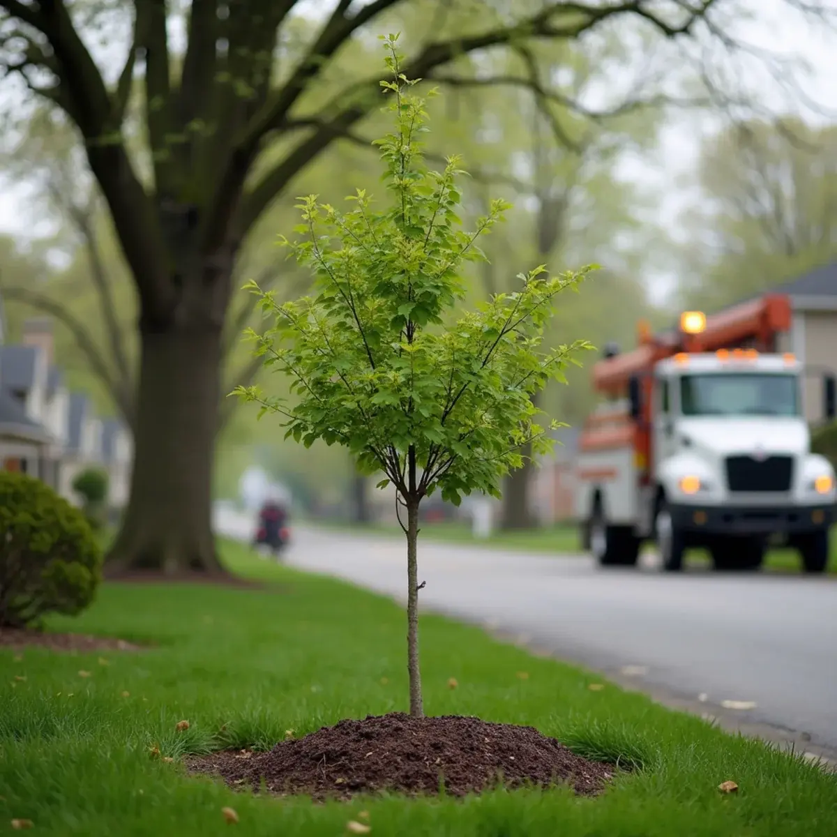 Young shade tree newly planted in a Michigan front yard