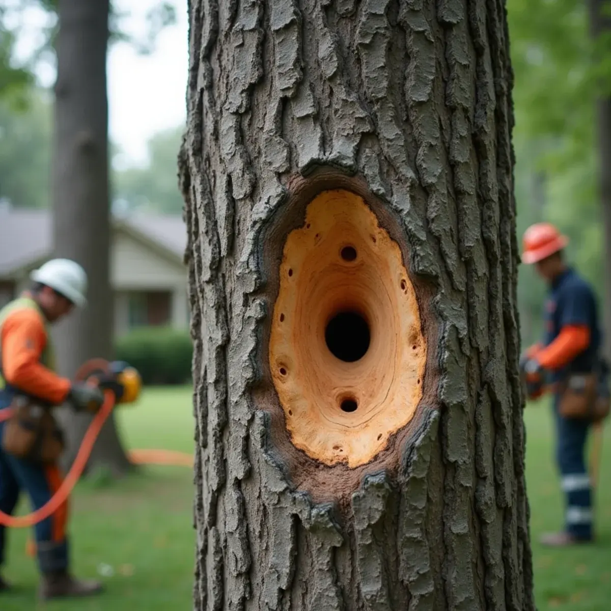 D-shaped emerald ash borer exit holes and woodpecker blonding on an ash tree trunk