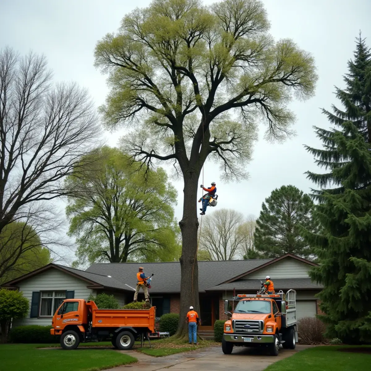 Tree crew rigging down a large maple over a Michigan back yard