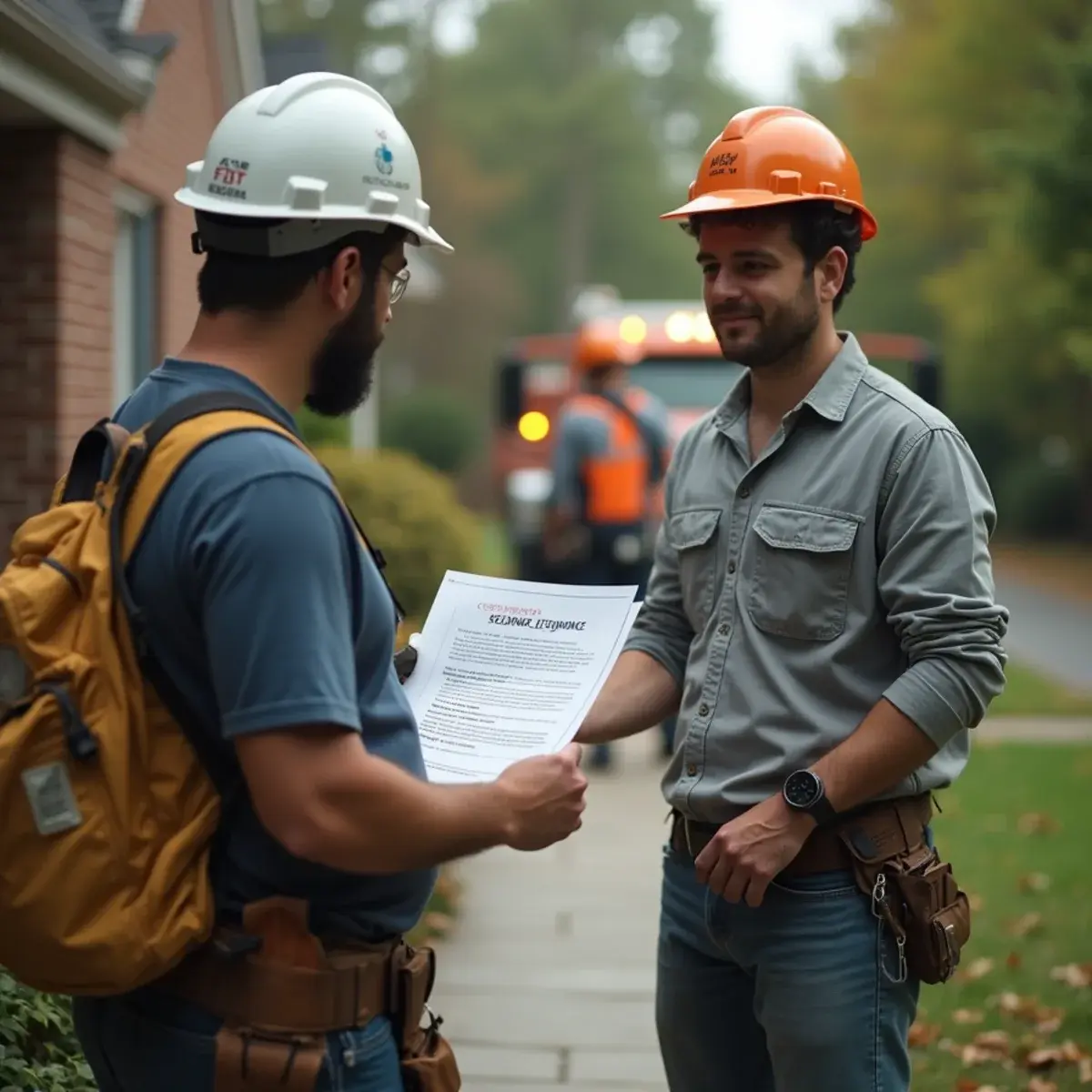 Homeowner reviewing a tree service certificate of insurance on a Michigan doorstep