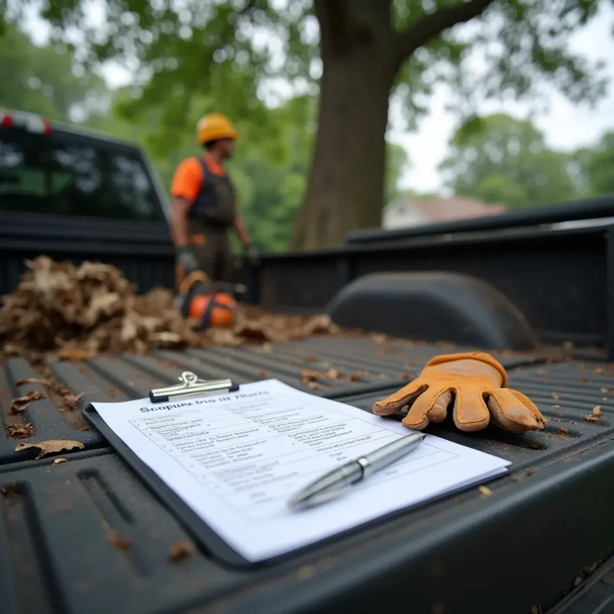 Written tree work estimate on a clipboard at a Michigan property