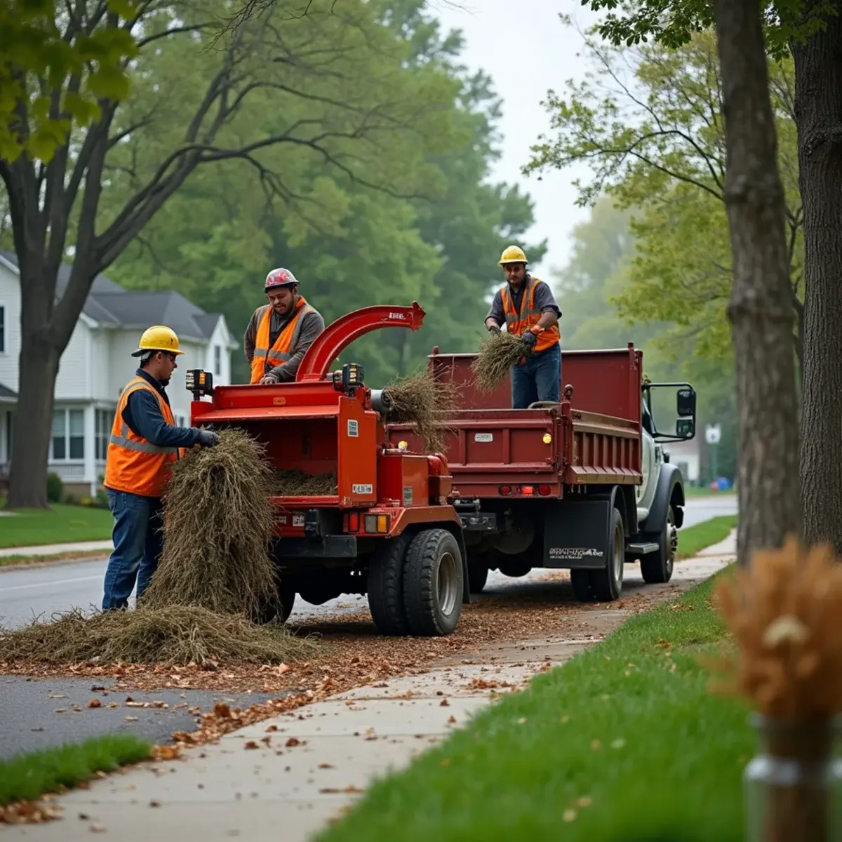 Chipper and dump truck taking wood and brush away from a Michigan job