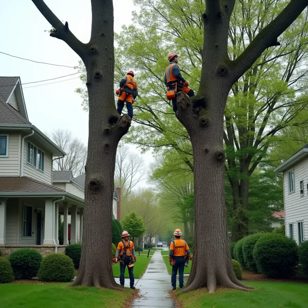 Badly topped tree with stub cuts beside a healthy properly pruned tree