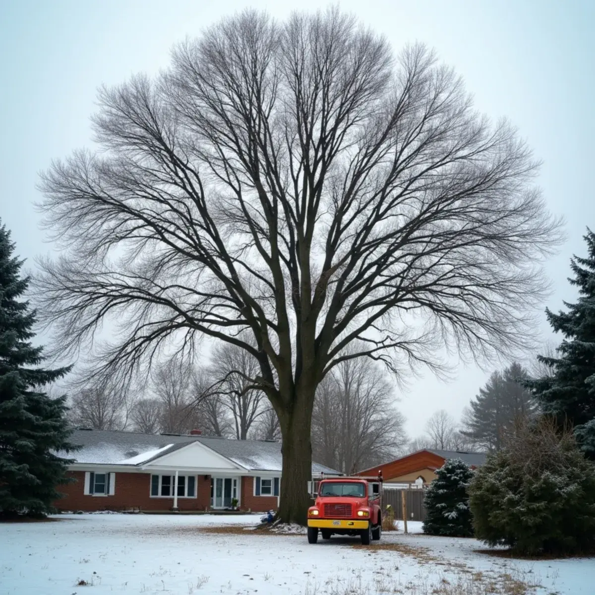 Bare oak branches against a Michigan winter sky during dormant pruning season