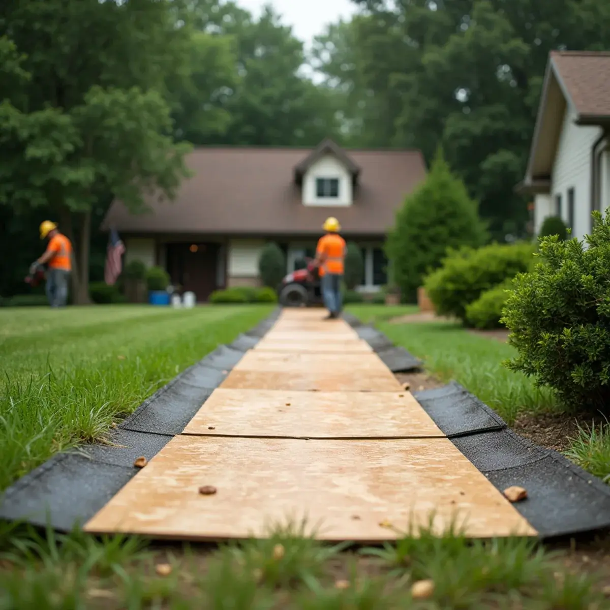 Plywood and ground mats protecting a Michigan lawn during tree work
