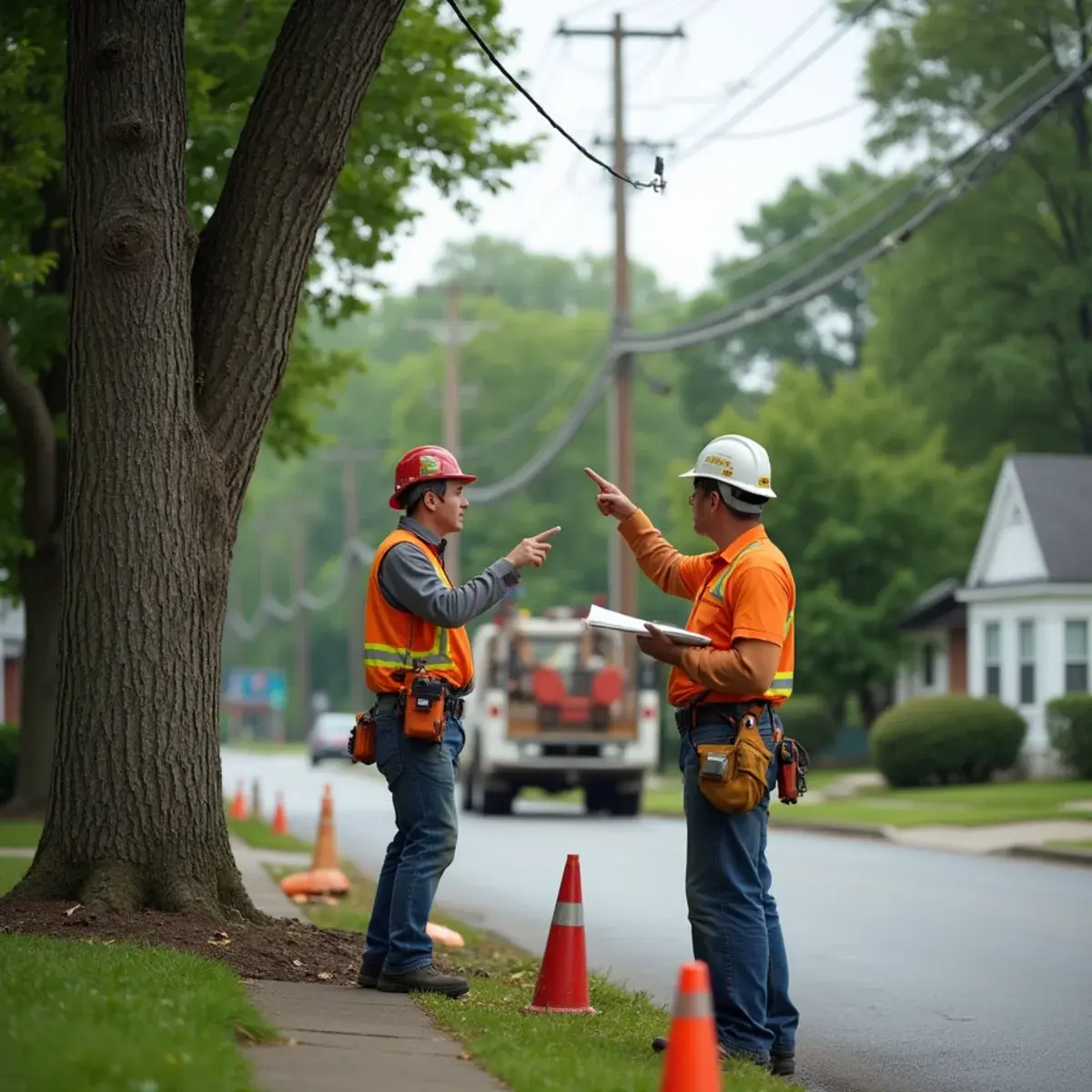 Tree crew assessing overhead utility lines before work at a Michigan property
