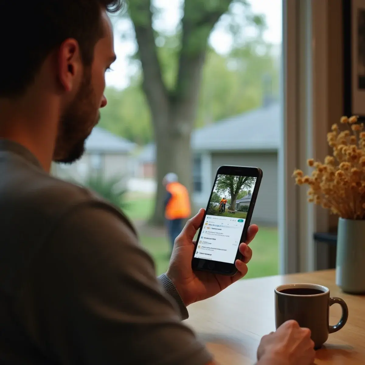 Michigan homeowner reading tree service reviews on a phone at the kitchen table