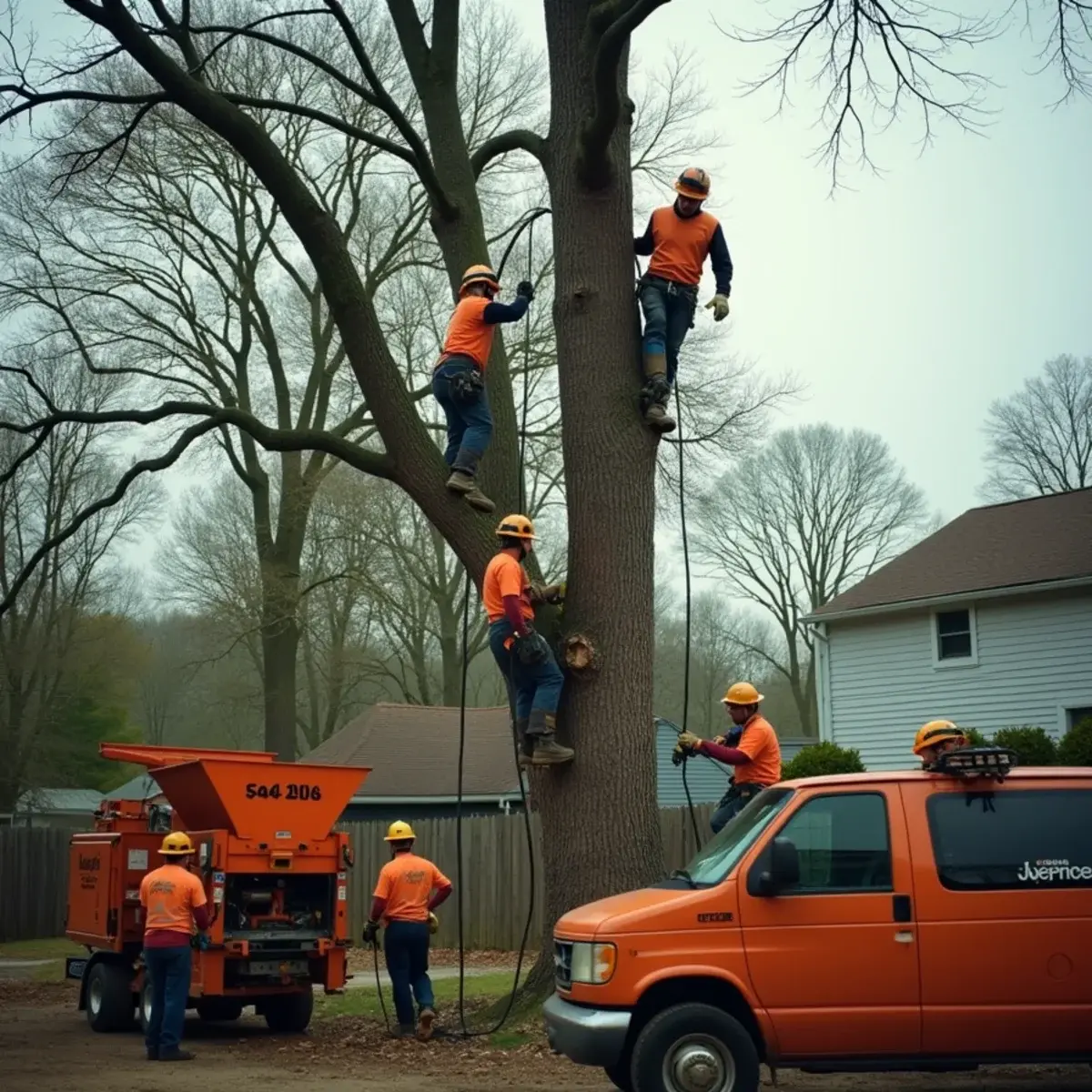 Tree service crew working together on a Michigan residential job
