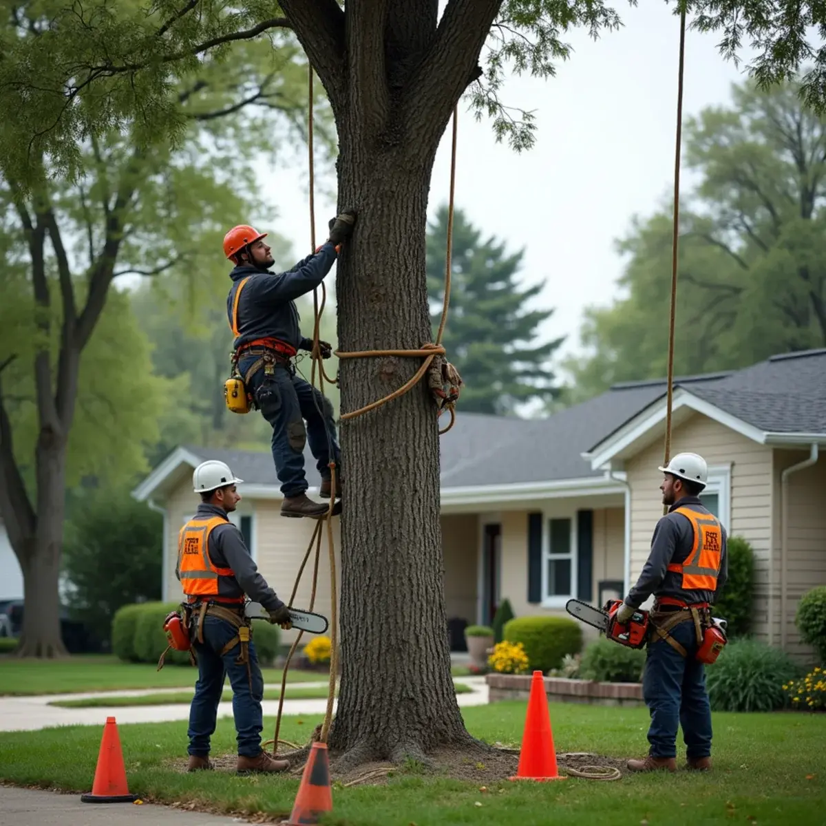 Professional tree crew with proper rigging gear working on a Michigan property