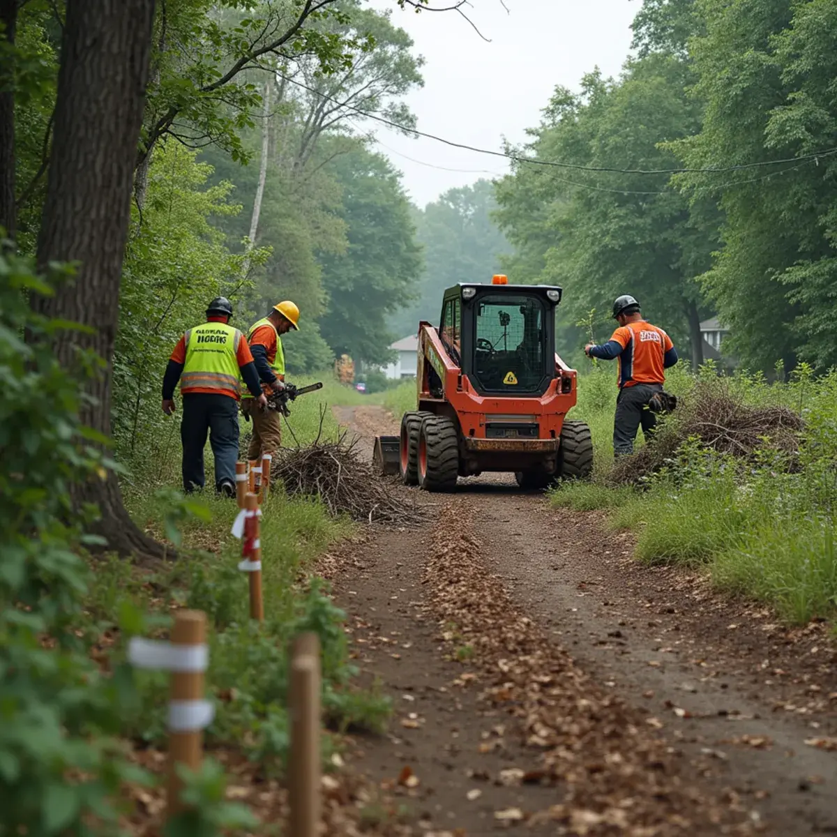 Crew clearing brush and trees from a building site on a Michigan parcel