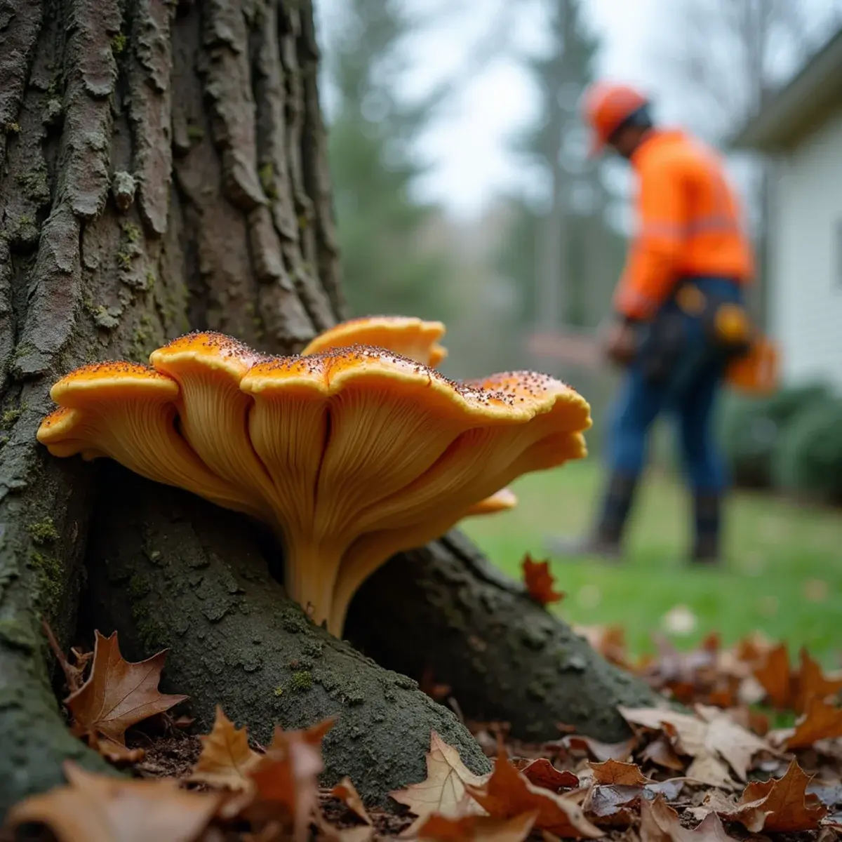 Shelf fungus growing on the base of a declining hardwood tree in Michigan