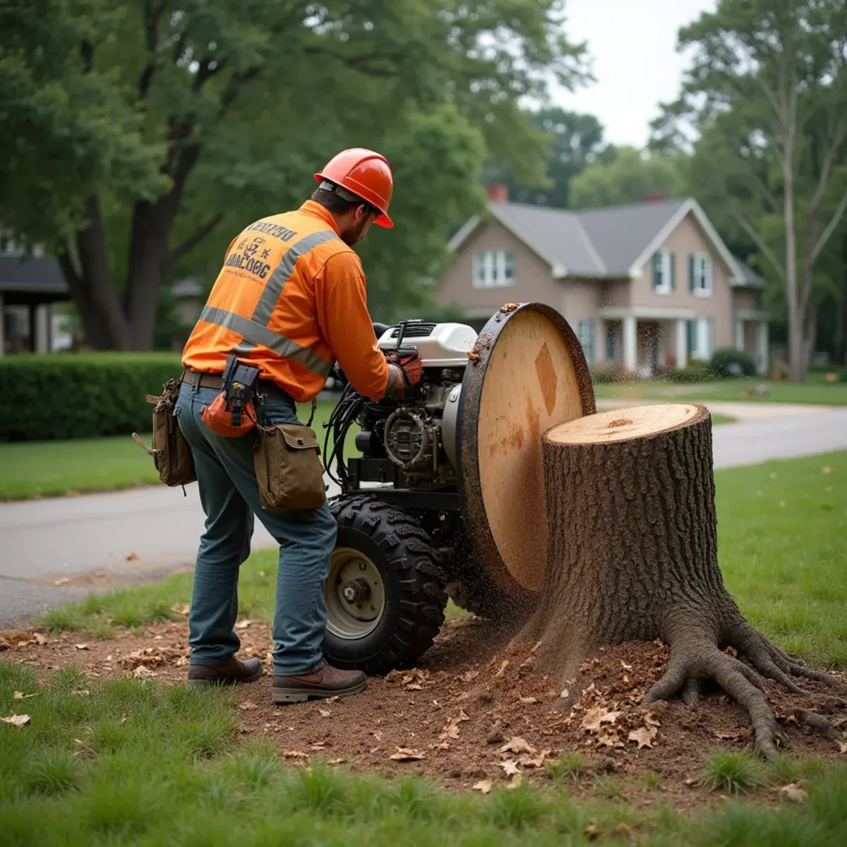 Stump grinder reducing a large stump below grade in a Michigan yard