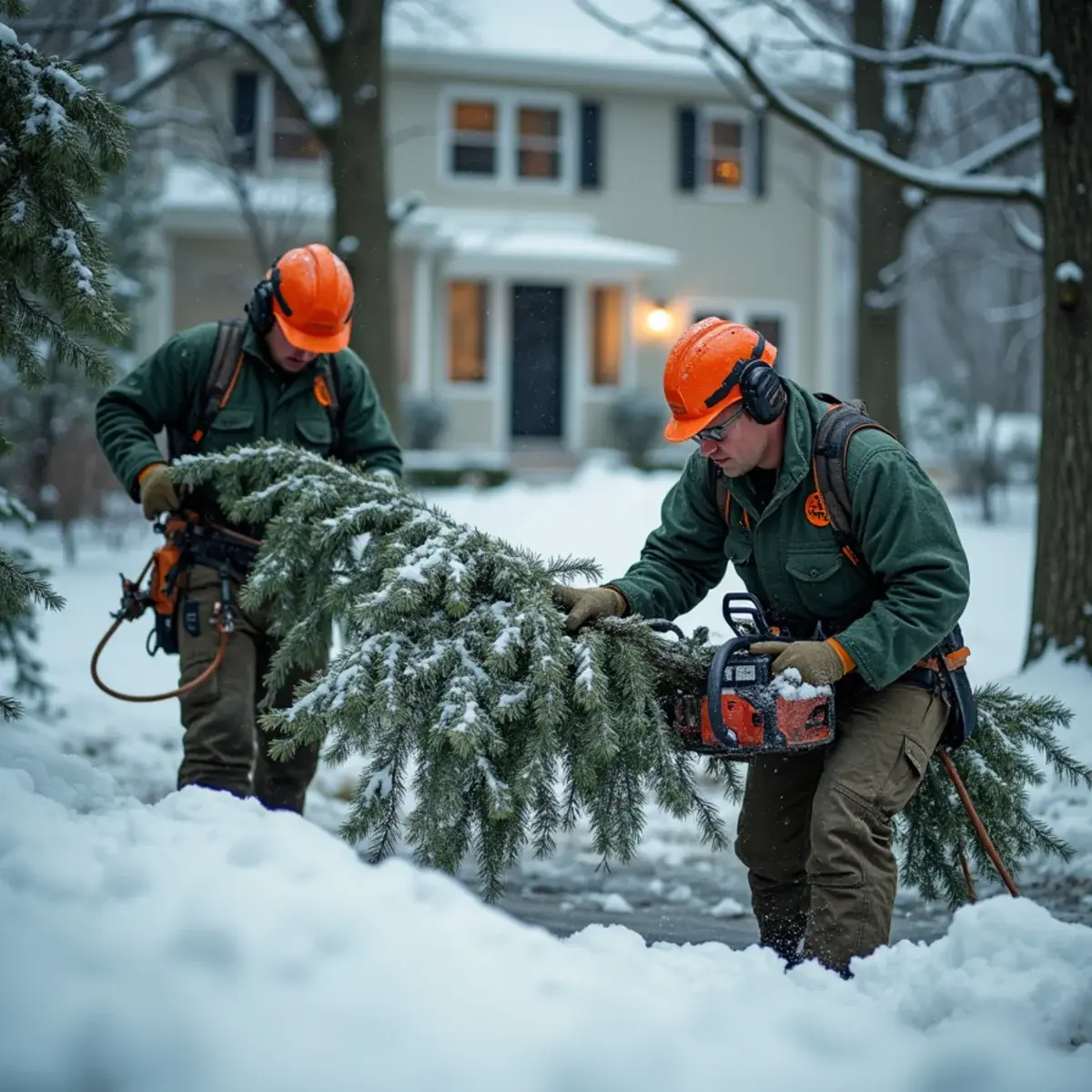 Snow-loaded evergreen branches beside a Michigan driveway in winter