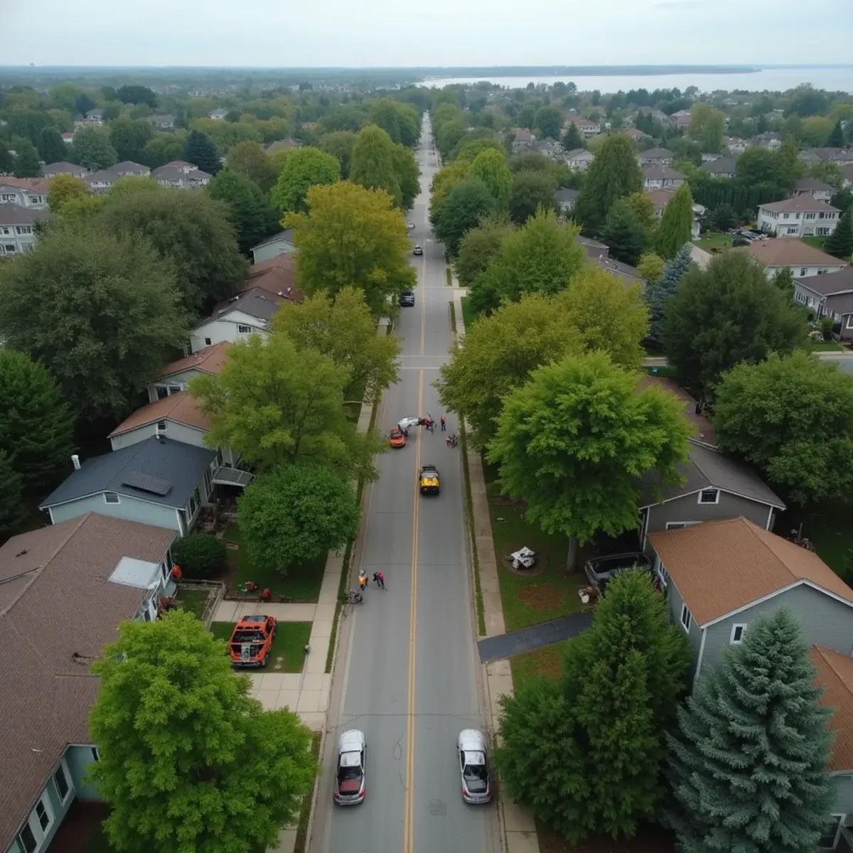 Aerial view of tree-lined Michigan neighborhoods served by One of a Kind Tree Services