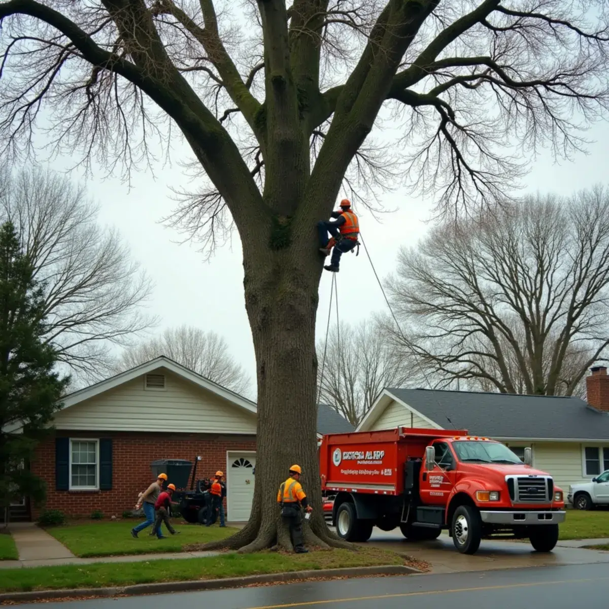 Arborist pruning a mature oak in a well-maintained Allen Park, Michigan front yard