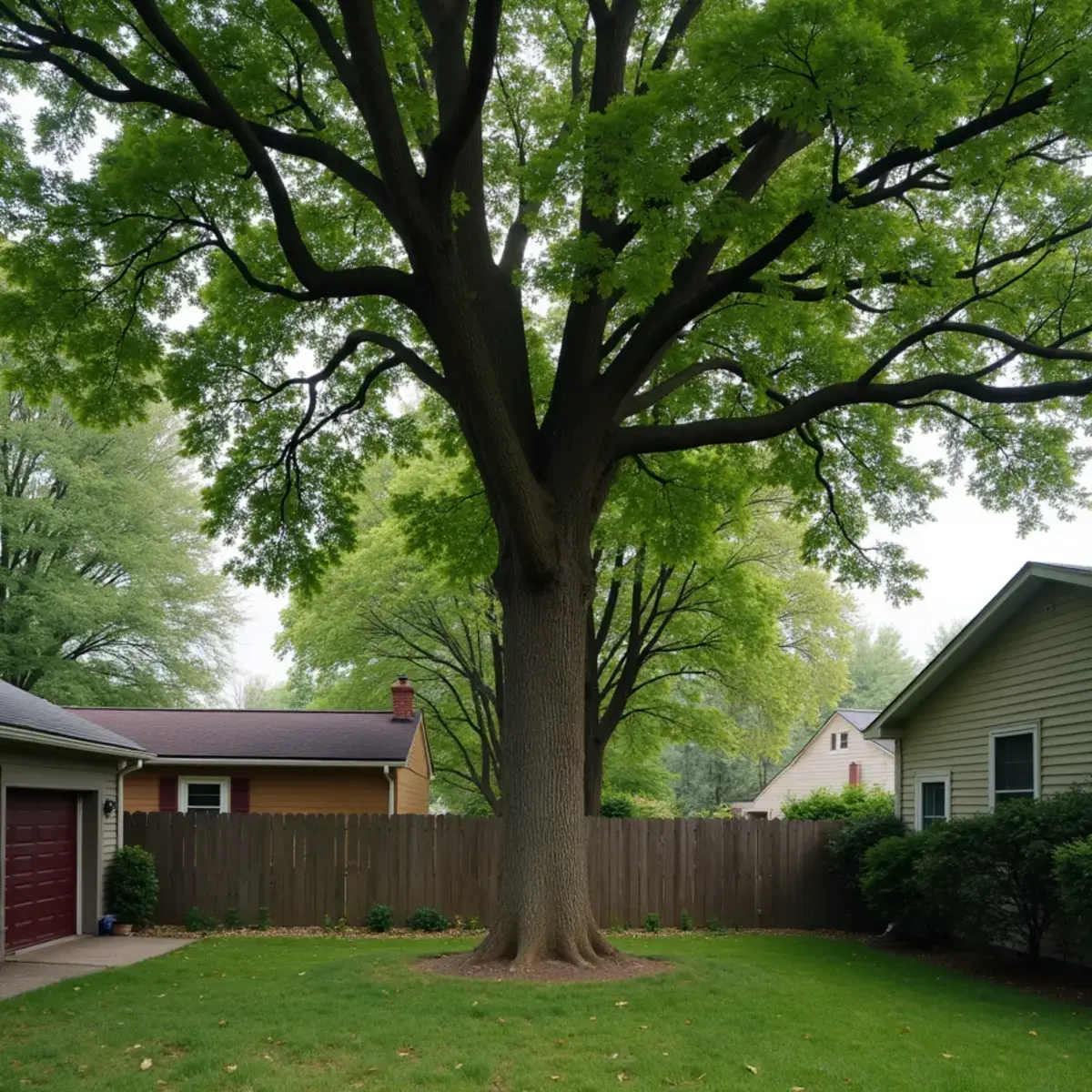 Large mature sugar maple shading a back yard behind a home in Ann Arbor, Michigan