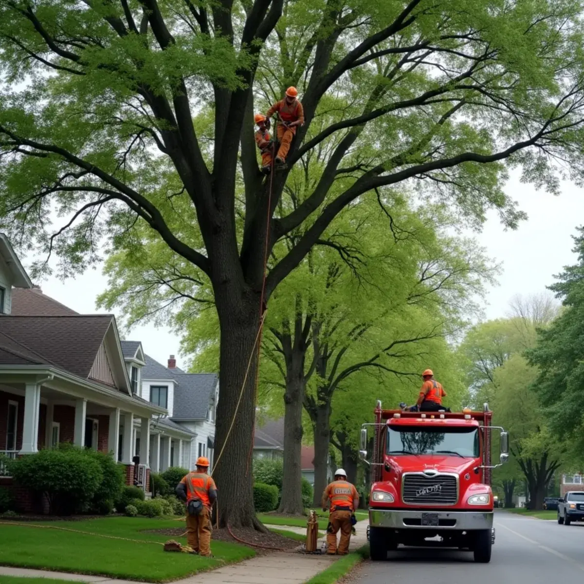 Arborist pruning a large oak on a tree-lined Ann Arbor, Michigan street