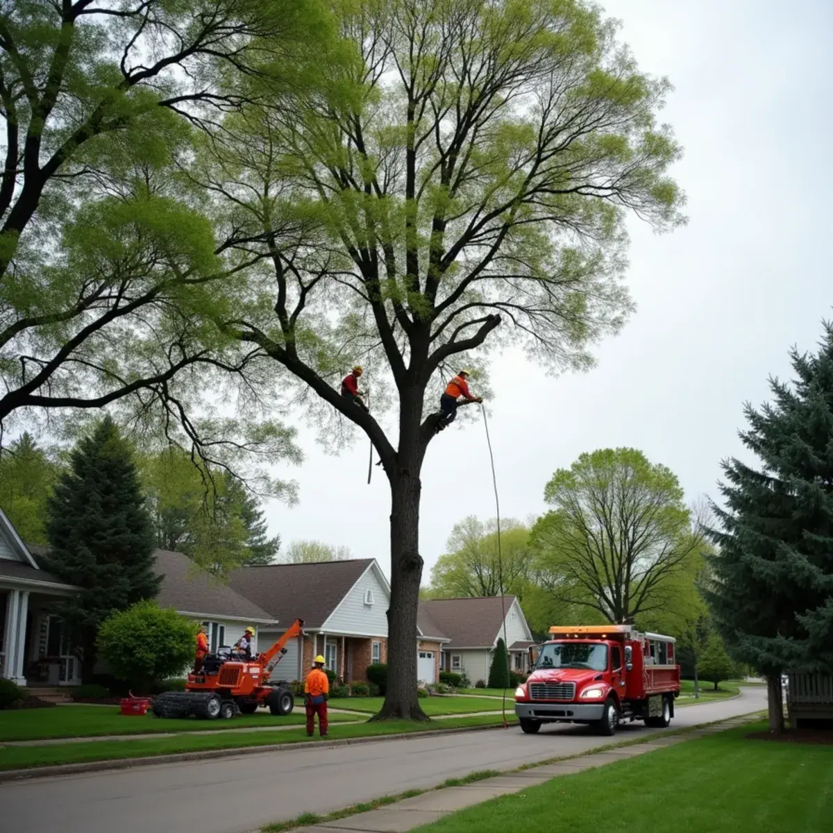Crew pruning subdivision trees in a Canton Township, Michigan neighborhood