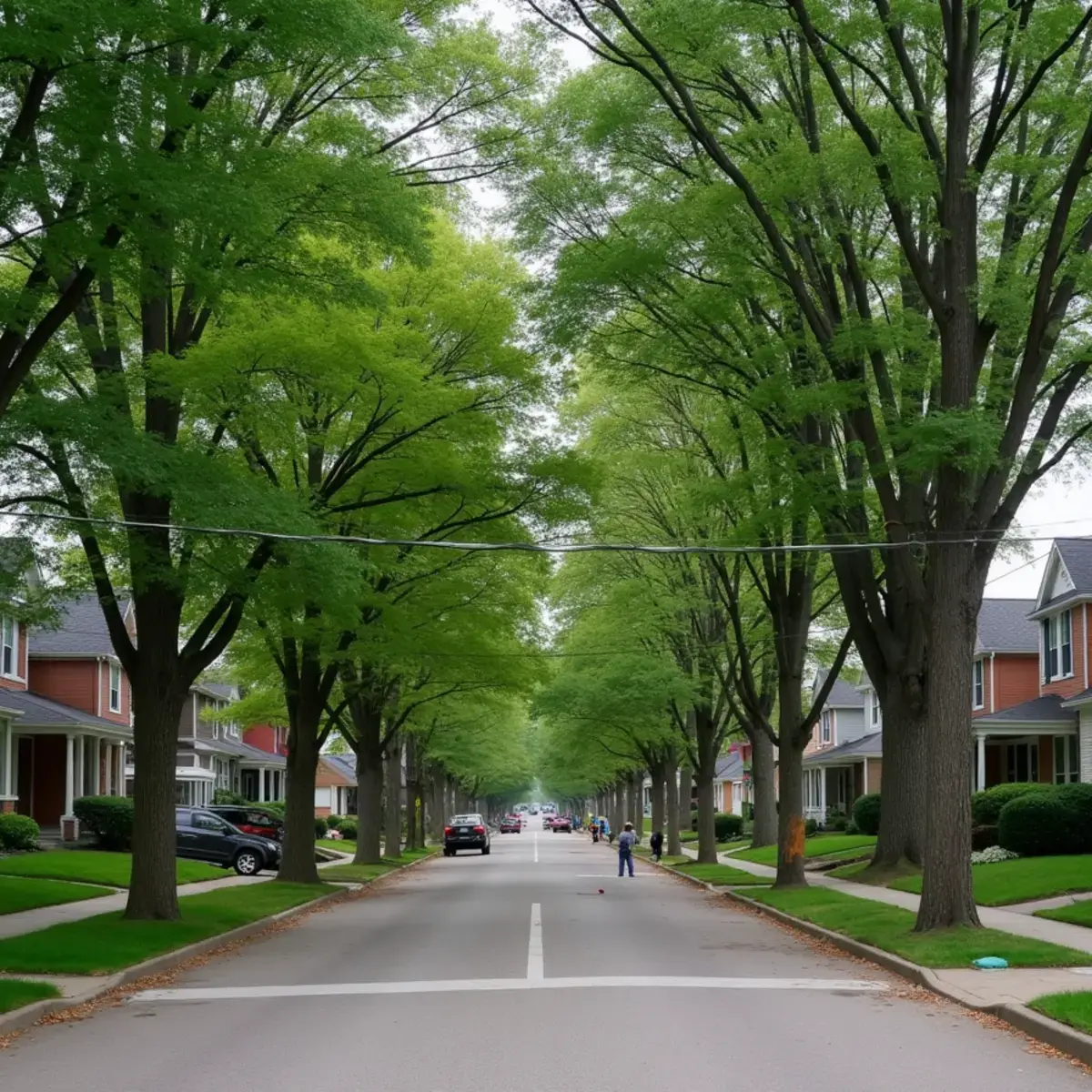 Tree-lined residential intersection with mature silver maple and sugar maple in Dearborn, Michigan