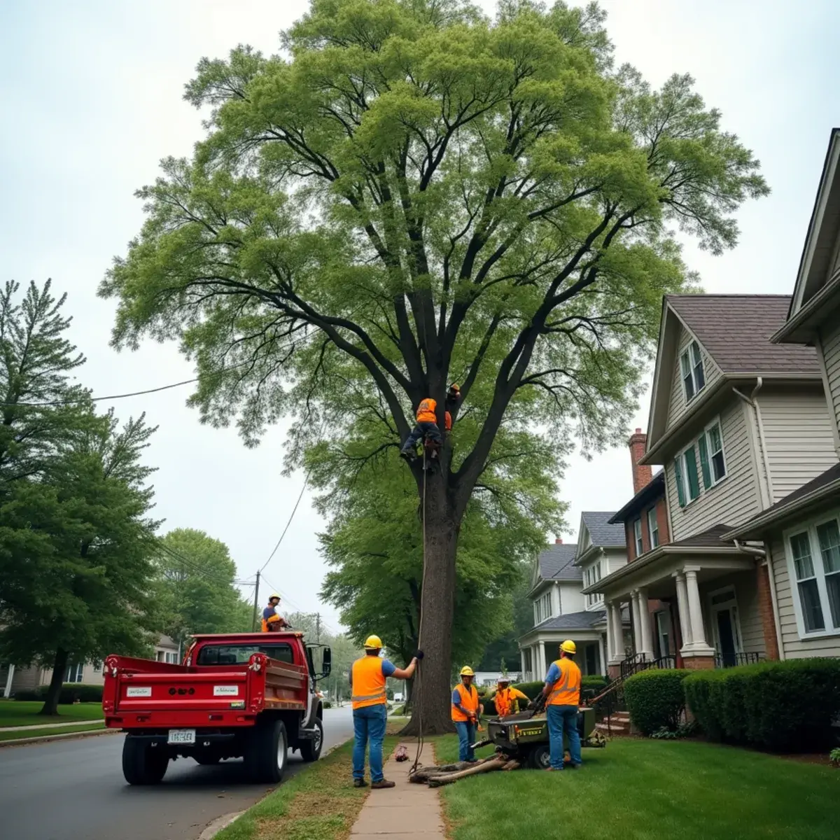 Arborist pruning a large oak in front of a brick colonial in Dearborn, Michigan