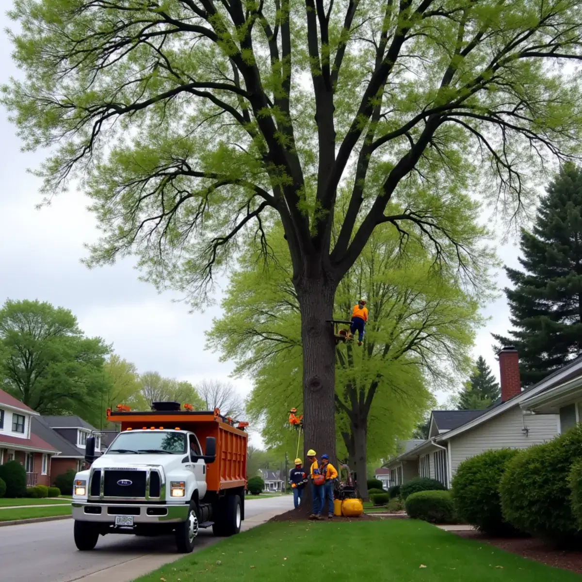 Tree crew removing a storm-damaged maple in Dearborn Heights, Michigan