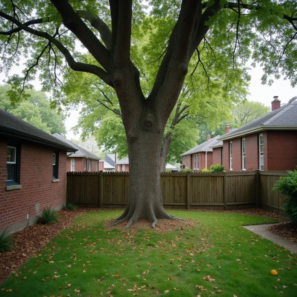 Large mature silver maple shading a back yard behind a home in Detroit, Michigan