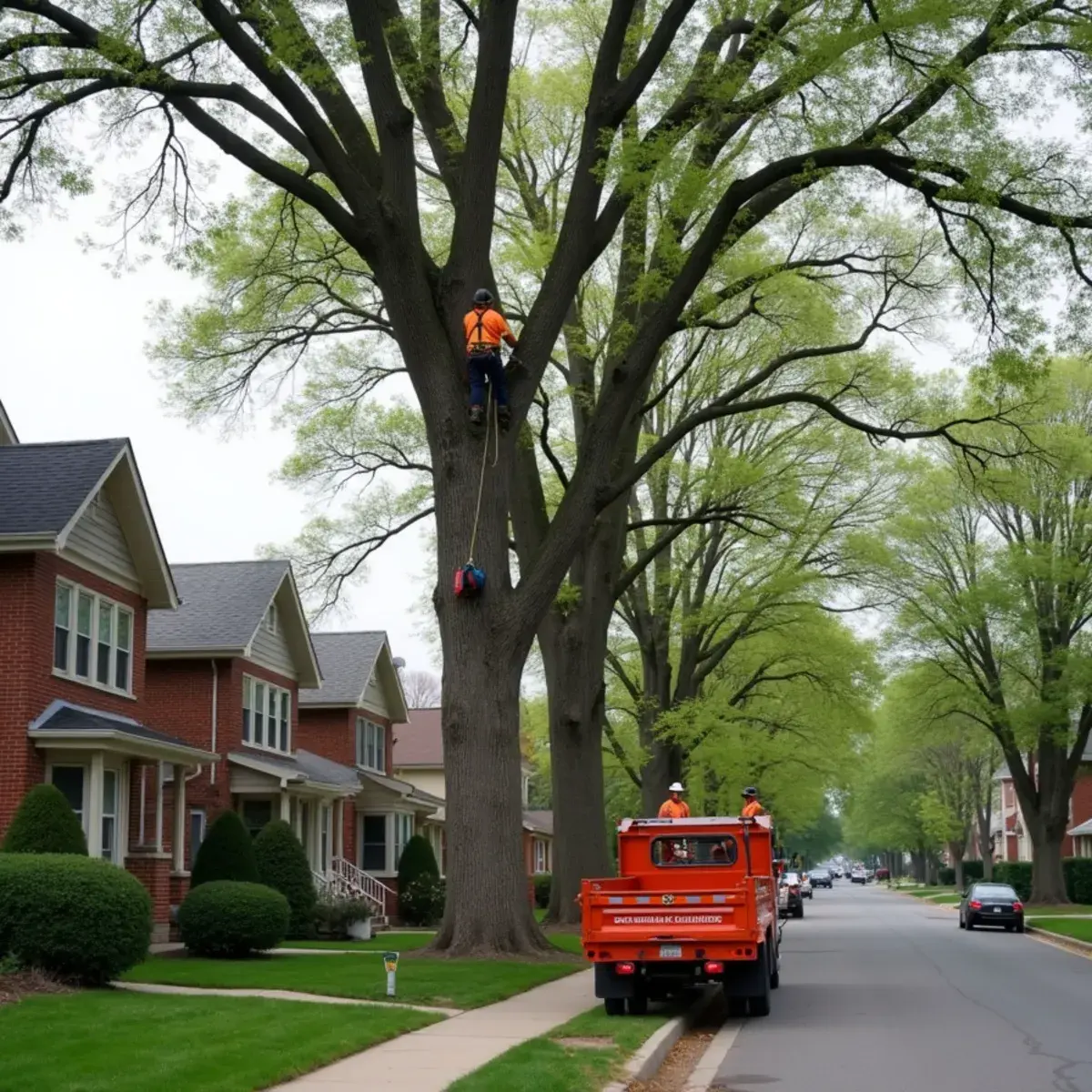 Tree removal crew taking down a tree beside a garage in a Detroit, Michigan neighborhood
