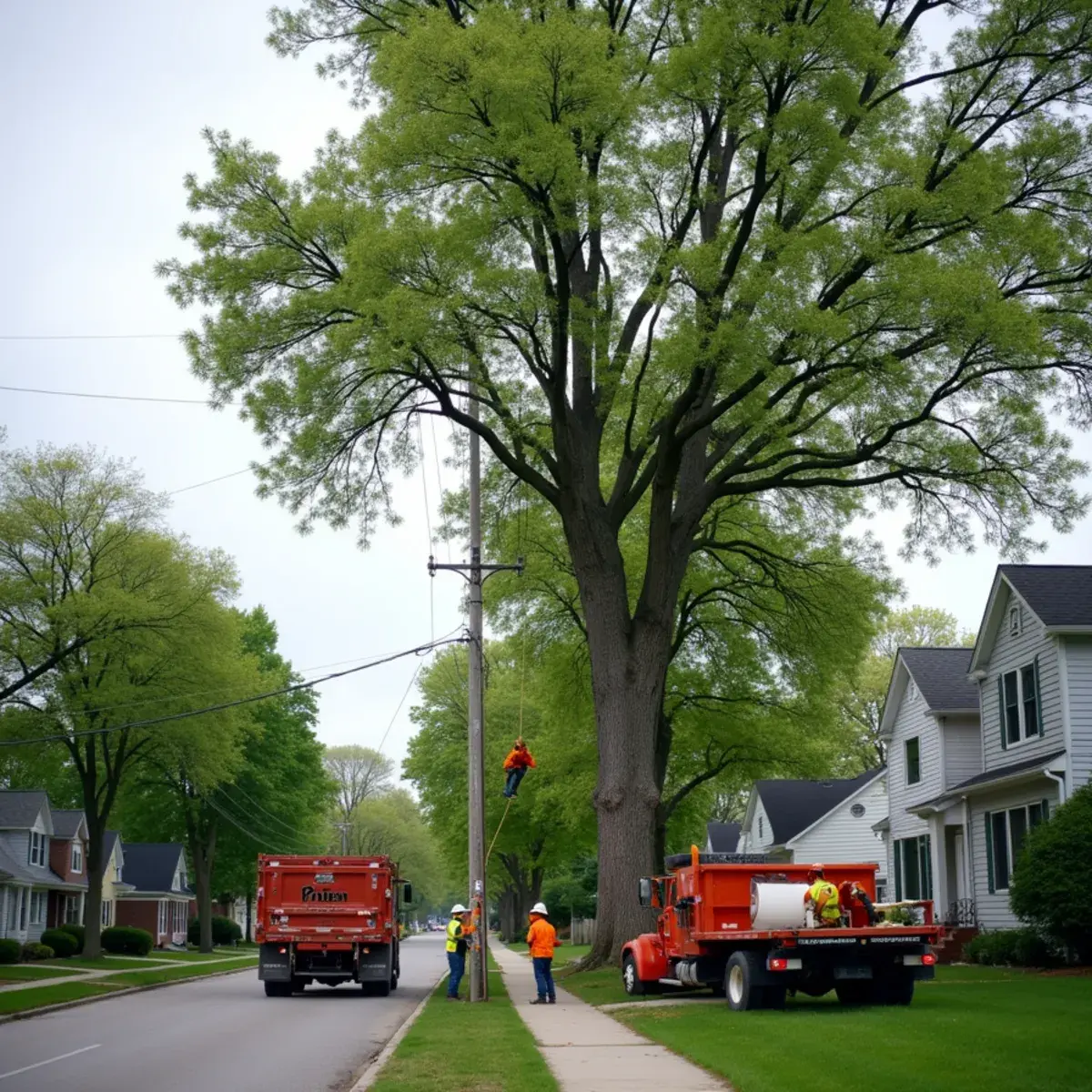 Tree removal crew working on a residential street in Ecorse, Michigan