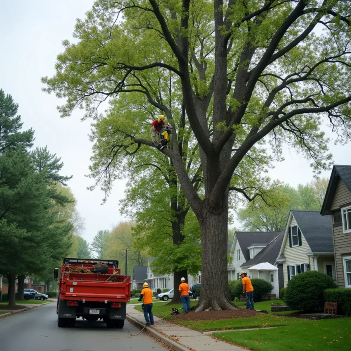 Tree crew rigging down a limb on a compact Ferndale, Michigan residential lot