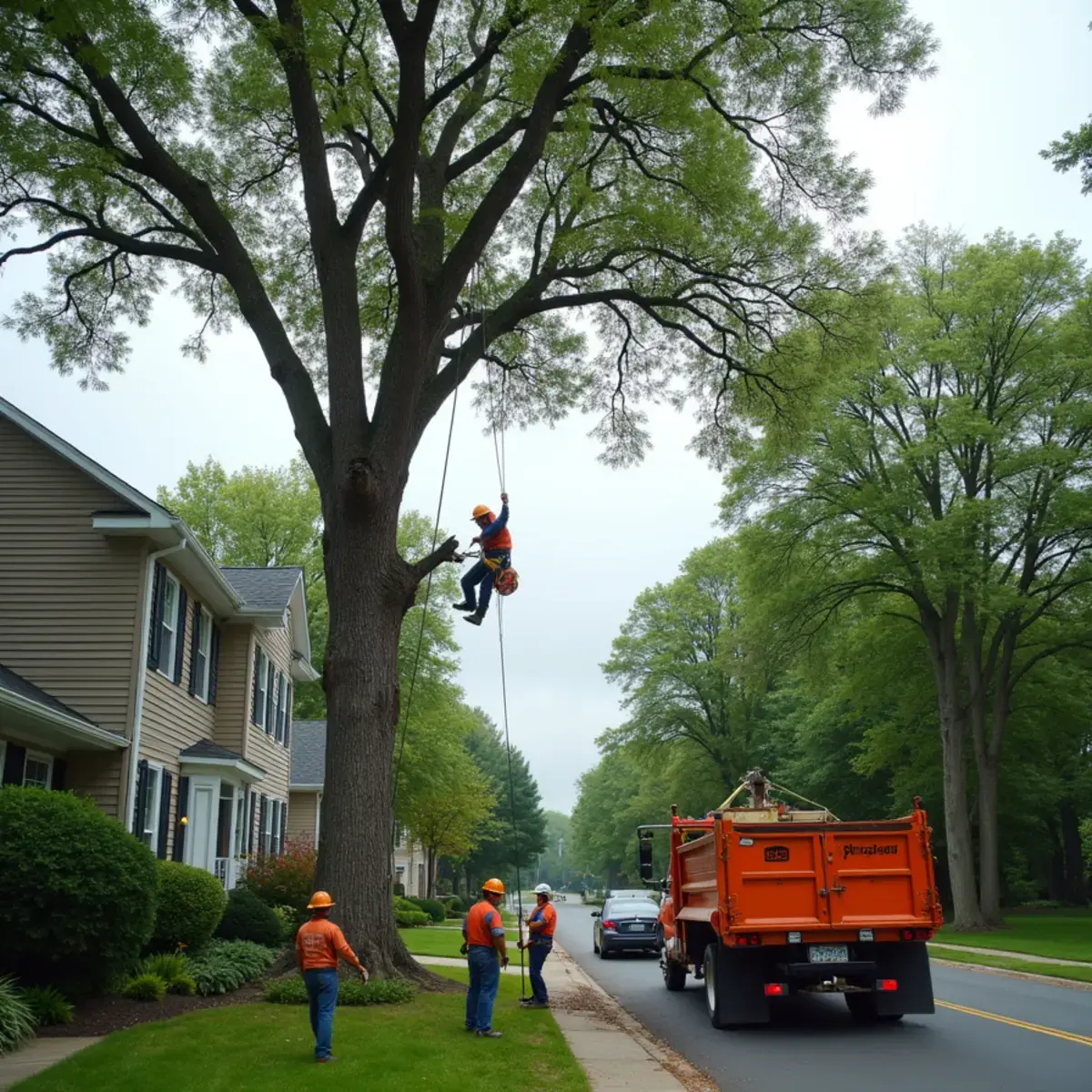 Crane removing a large cottonwood from a riverfront property on Grosse Ile, Michigan
