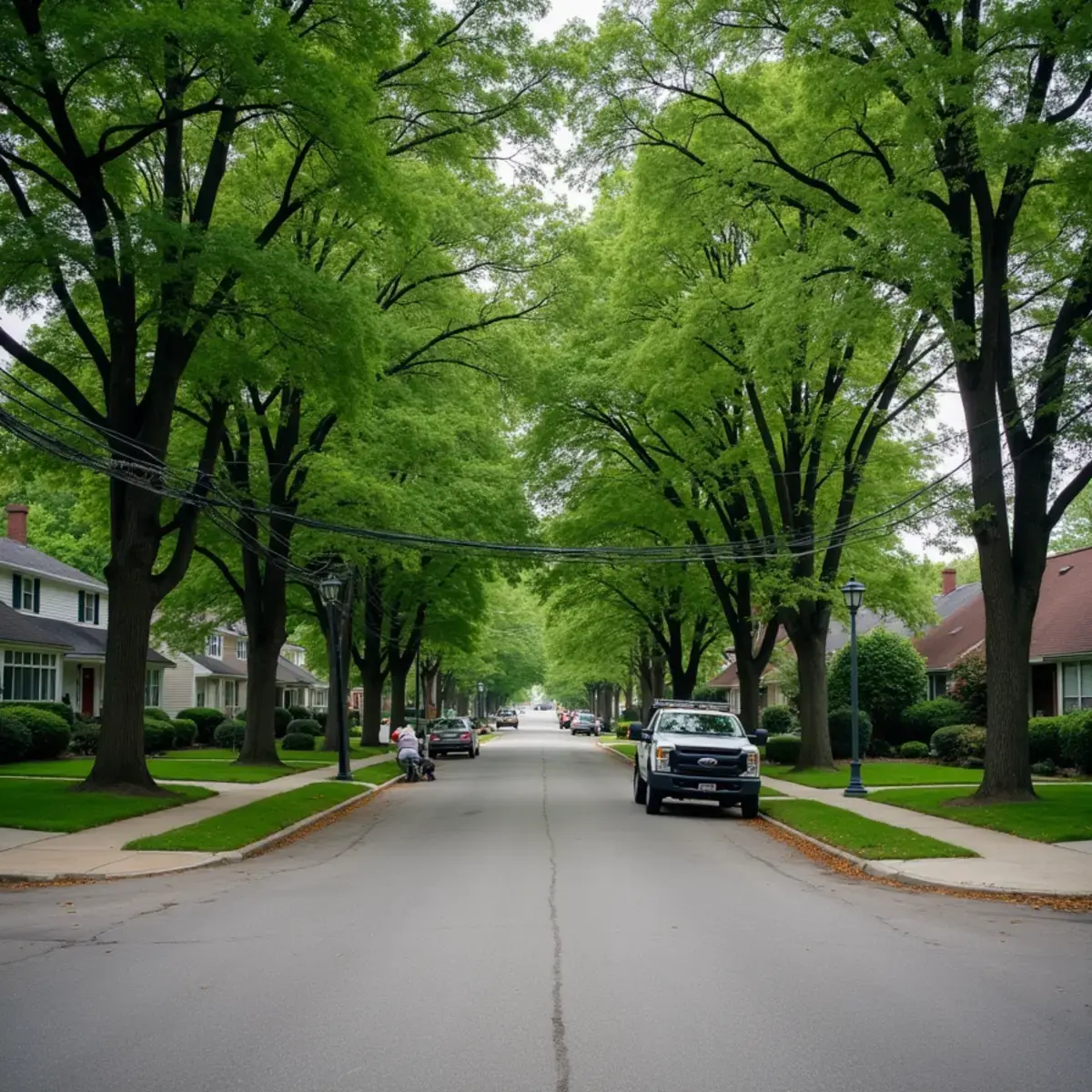 Tree-lined residential intersection with mature silver maple and Norway maple in Lincoln Park, Michigan