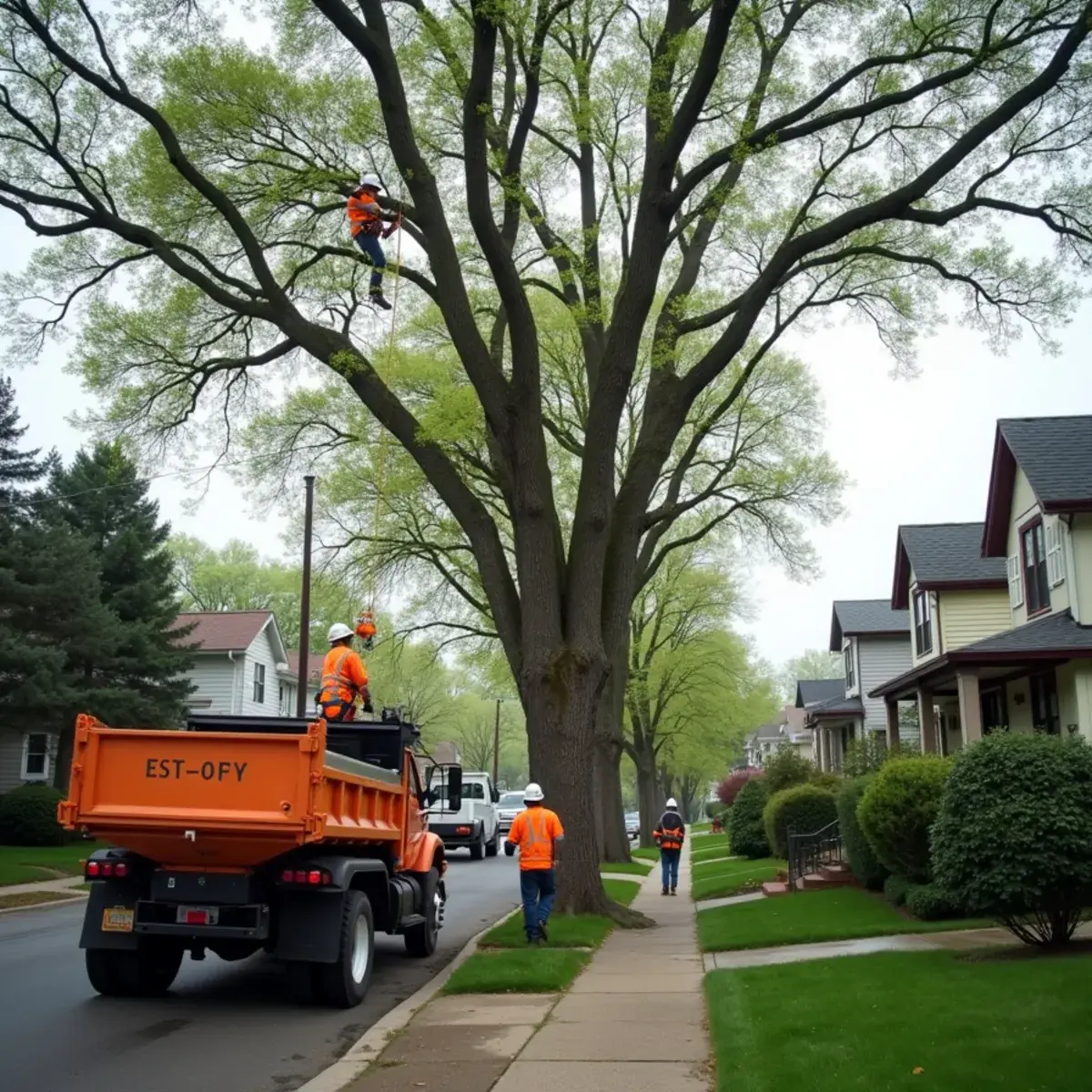 Tree removal crew working on a narrow Lincoln Park, Michigan residential lot