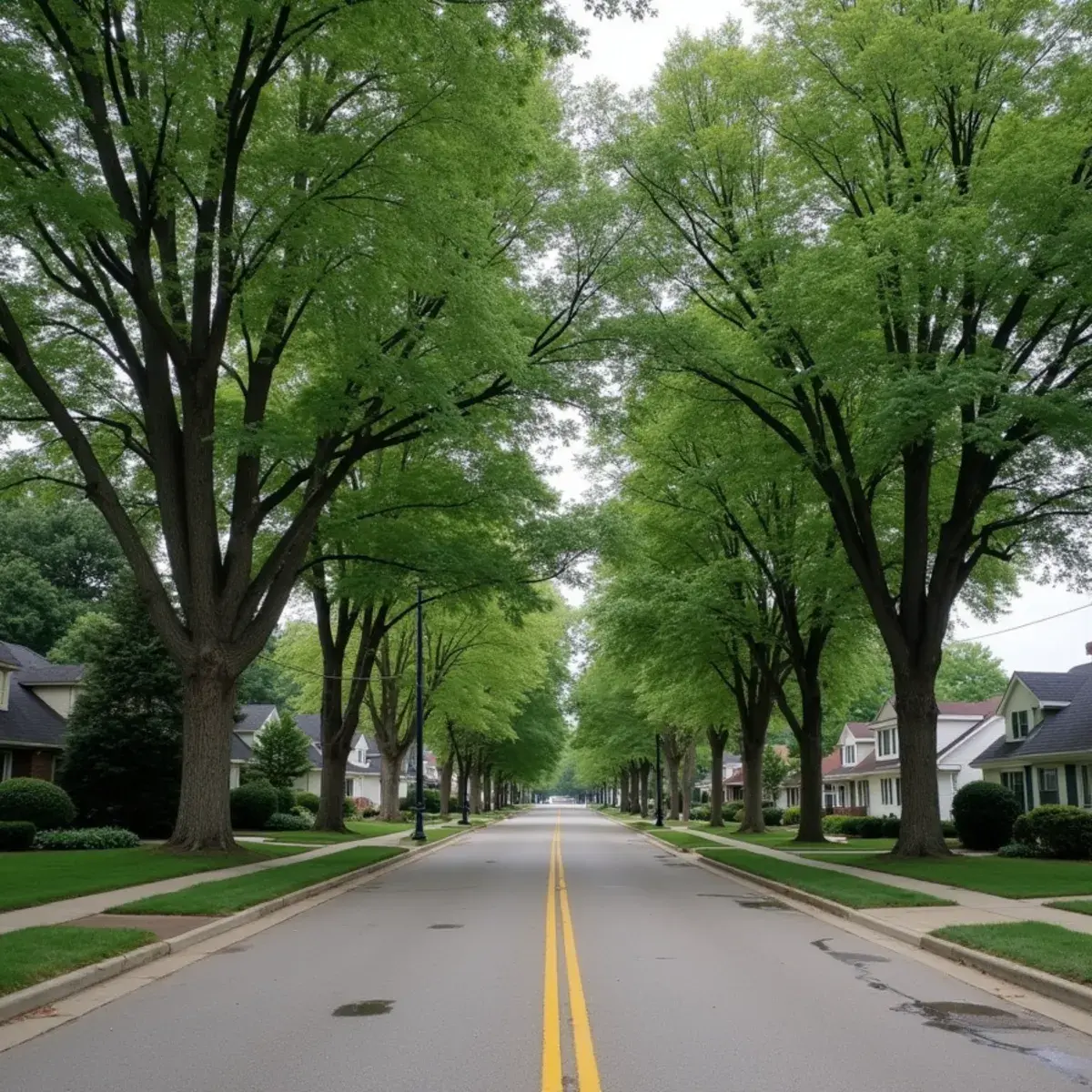 Tree-lined residential intersection with mature silver maple and oak in Livonia, Michigan