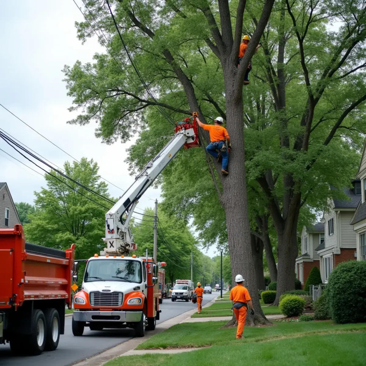 Arborist pruning a mature oak on a large Livonia, Michigan property