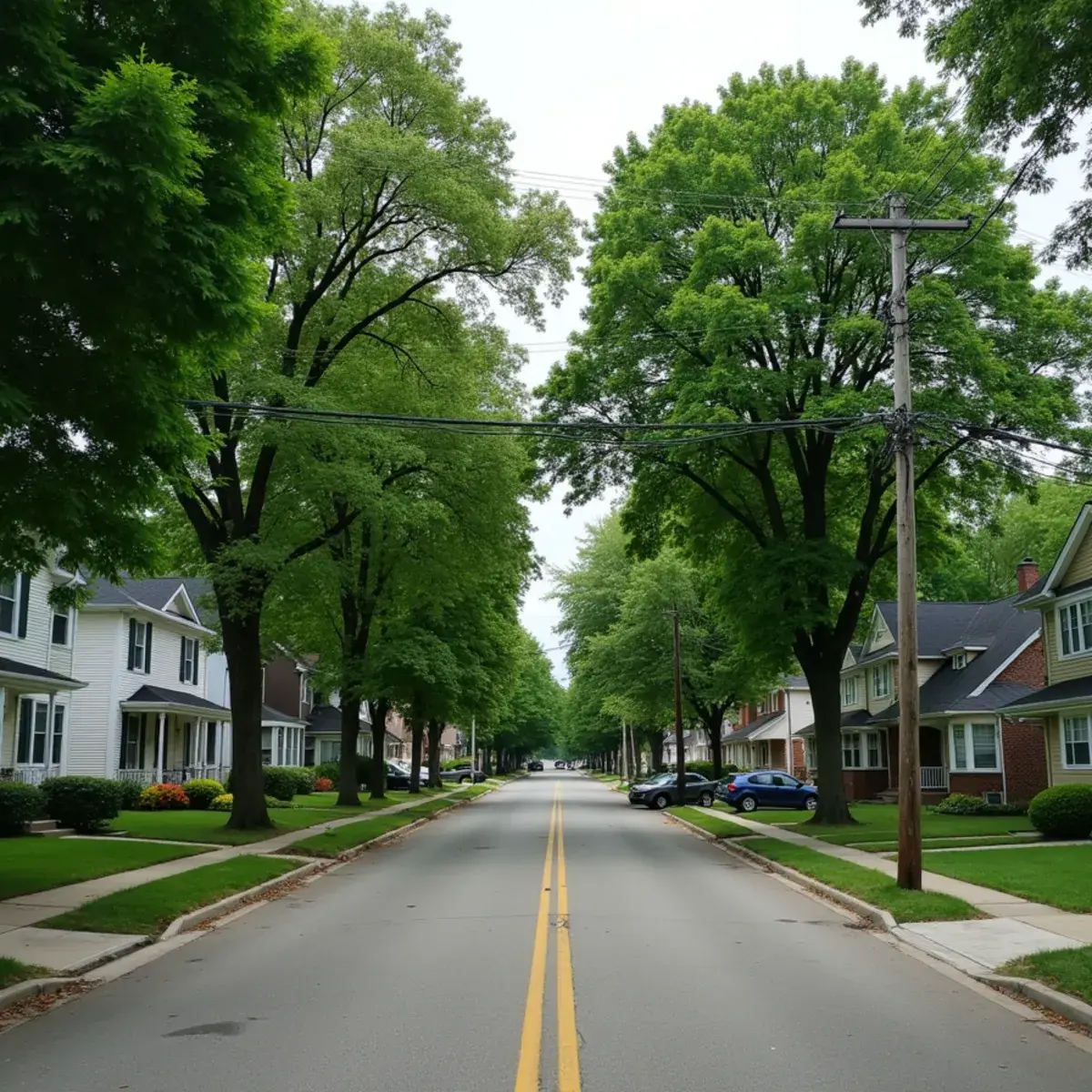 Tree-lined residential intersection with mature silver maple and Norway maple in Melvindale, Michigan