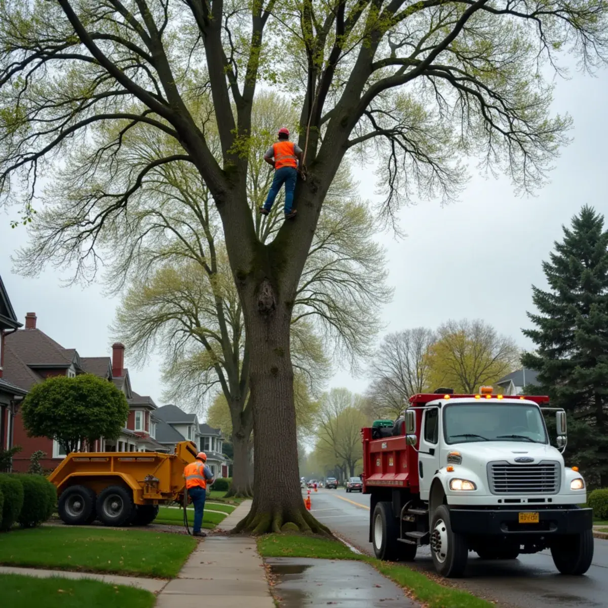 Crew lowering a limb on a narrow residential lot in Melvindale, Michigan