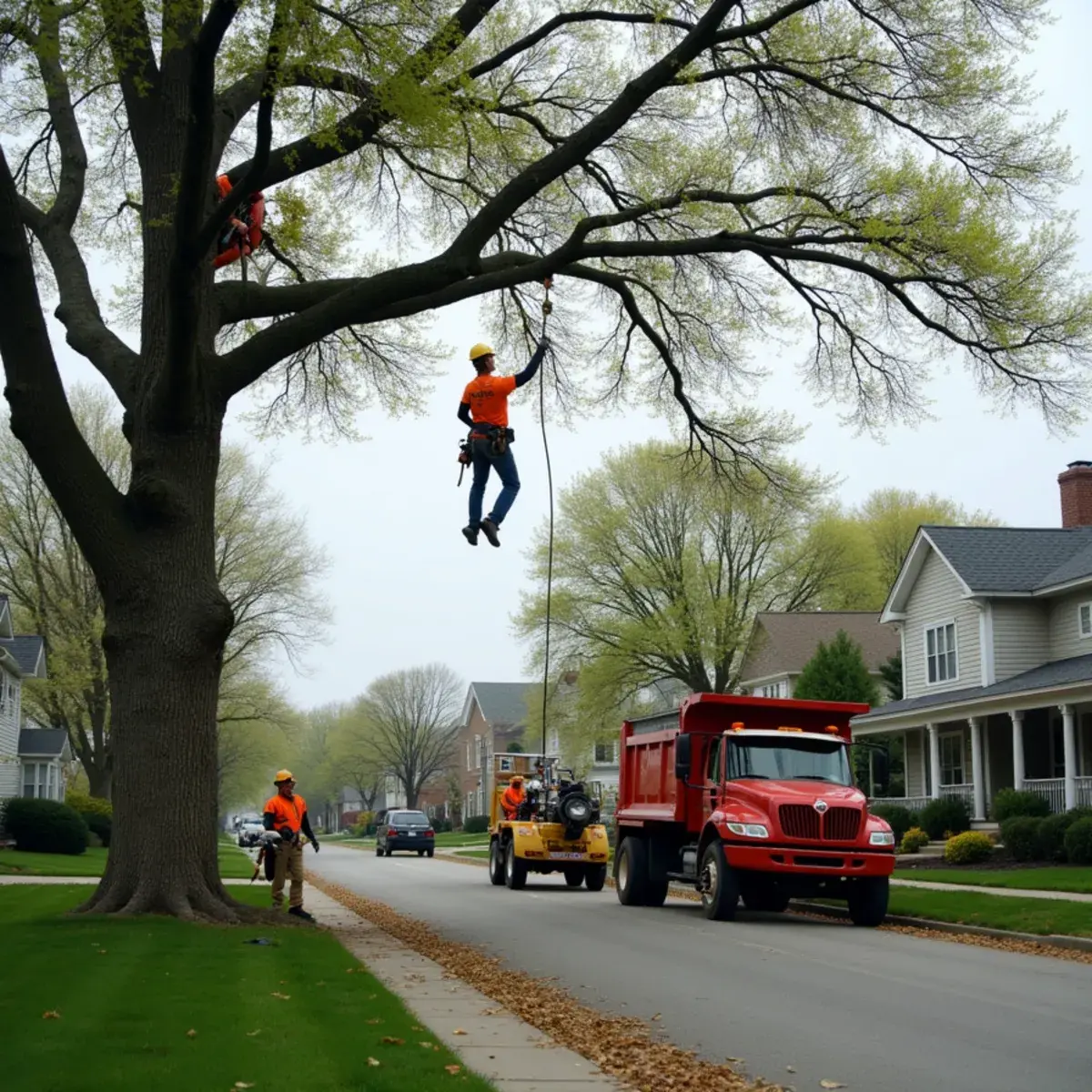 Tree crew removing a large tree near the River Raisin in Monroe, Michigan