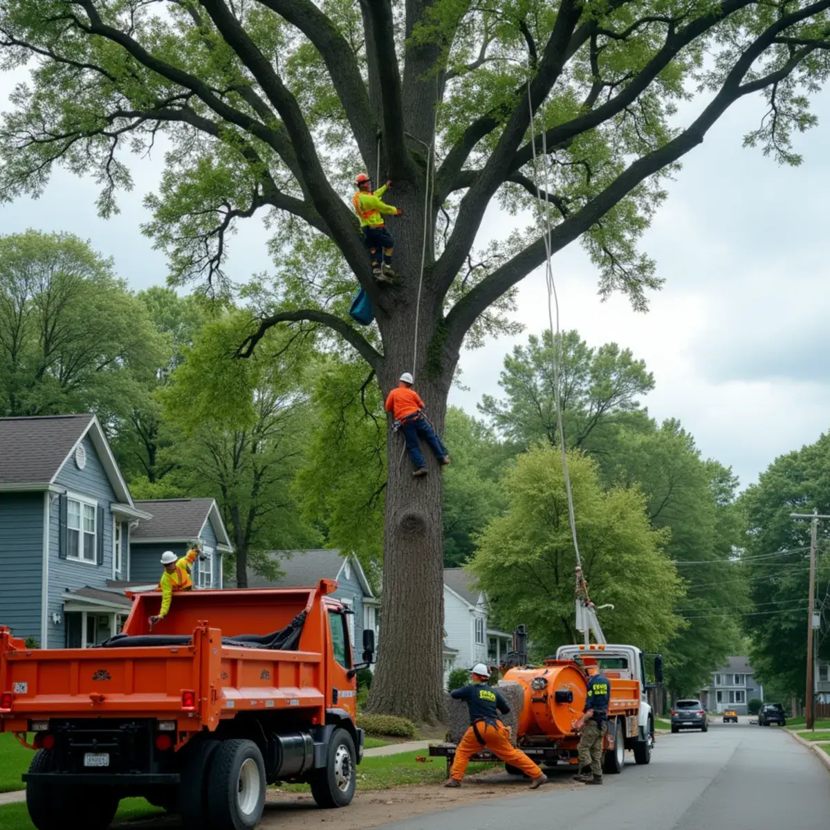 Tree crew working on a wooded estate lot in Northville, Michigan
