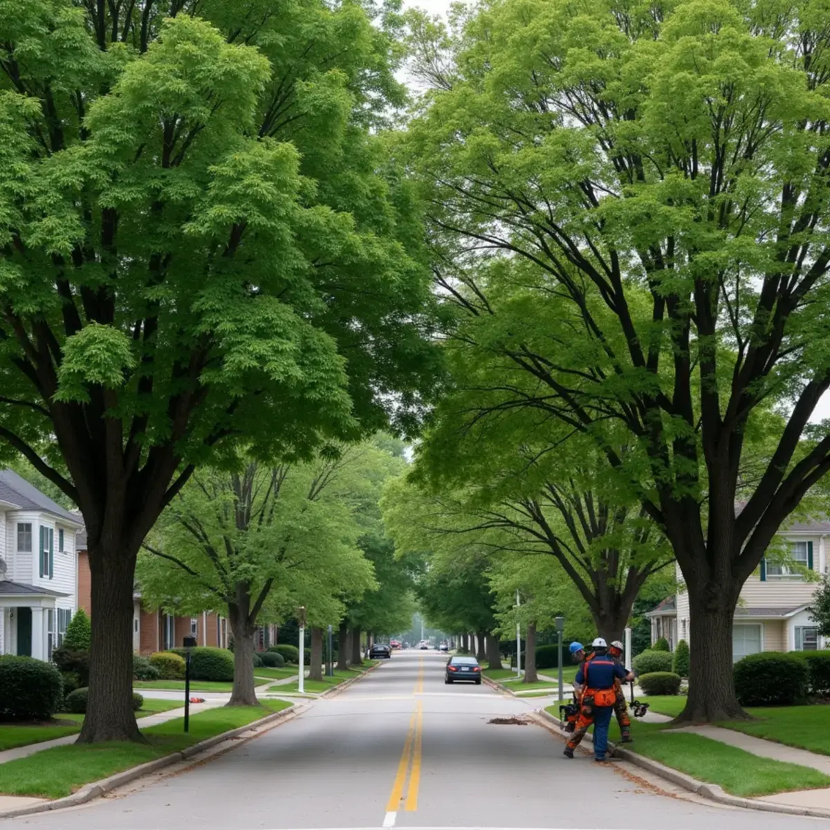 Tree-lined residential intersection with mature Norway maple and ash in Romulus, Michigan
