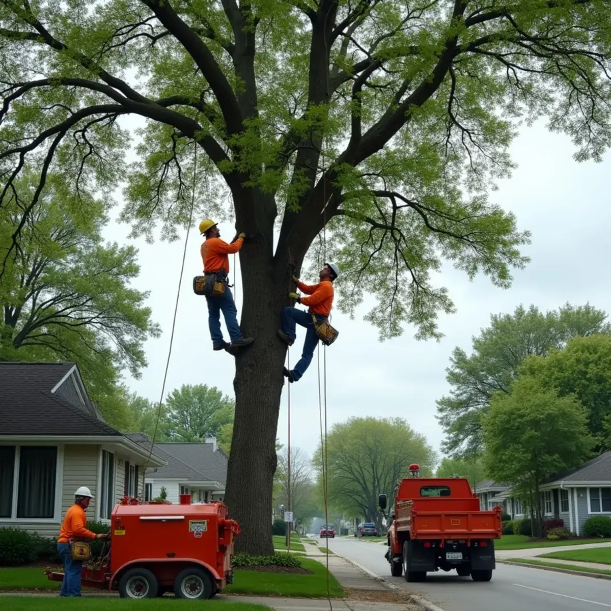 Tree crew working on a canal-front property in St. Clair Shores, Michigan