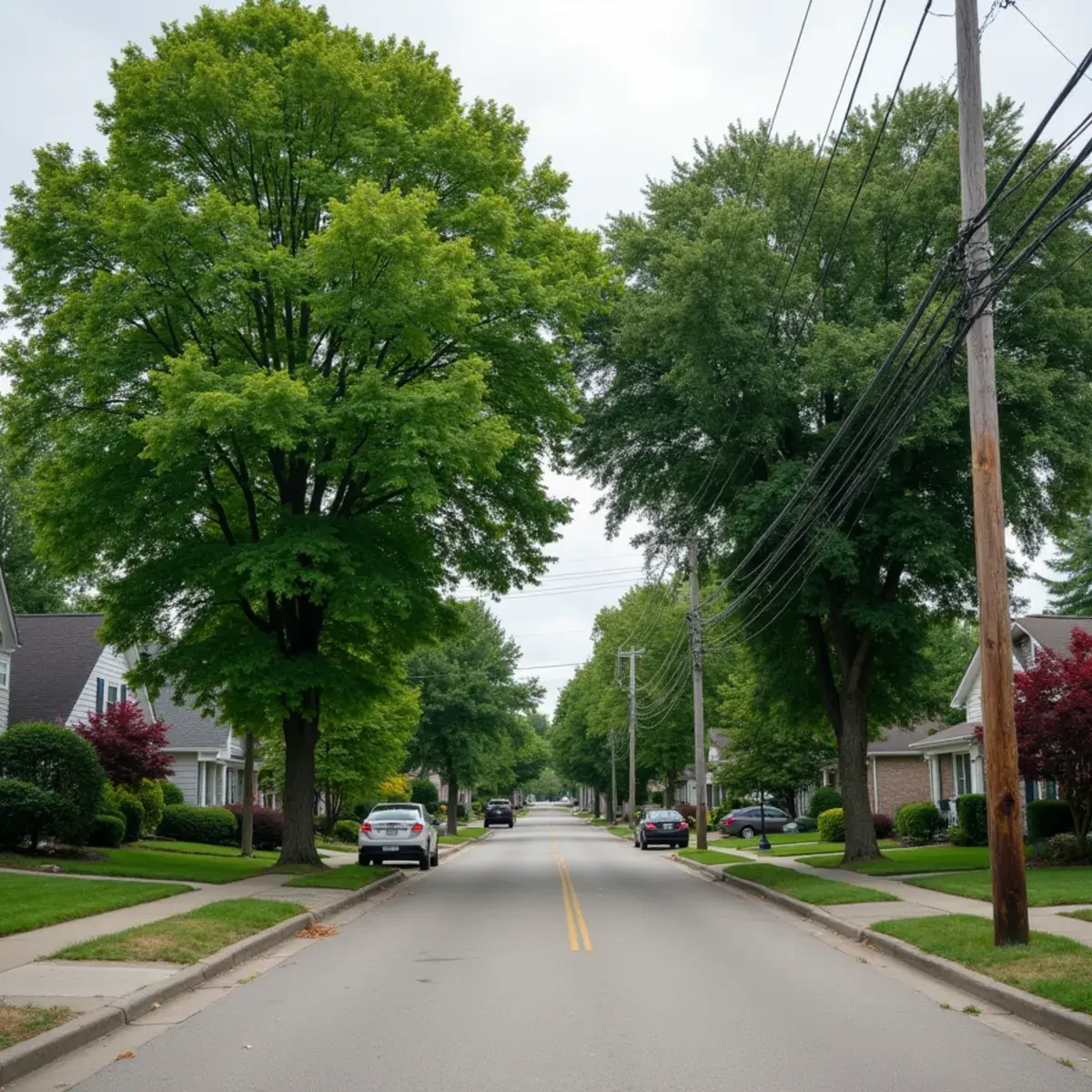 Tree-lined residential intersection with mature silver maple and red maple in Sterling Heights, Michigan
